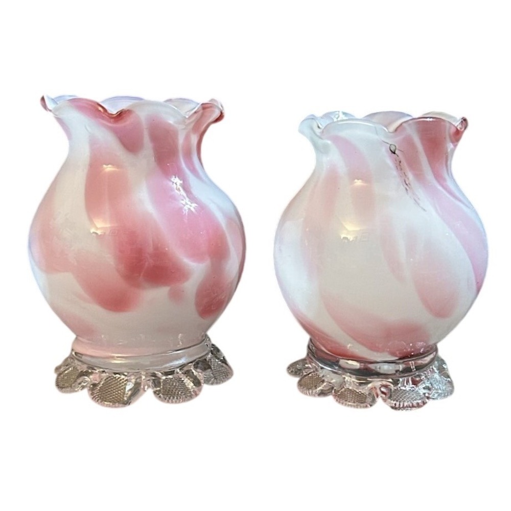 Vintage Pink and White Slag Glass Ruffled Bud Vases with Clover Base Set of 2